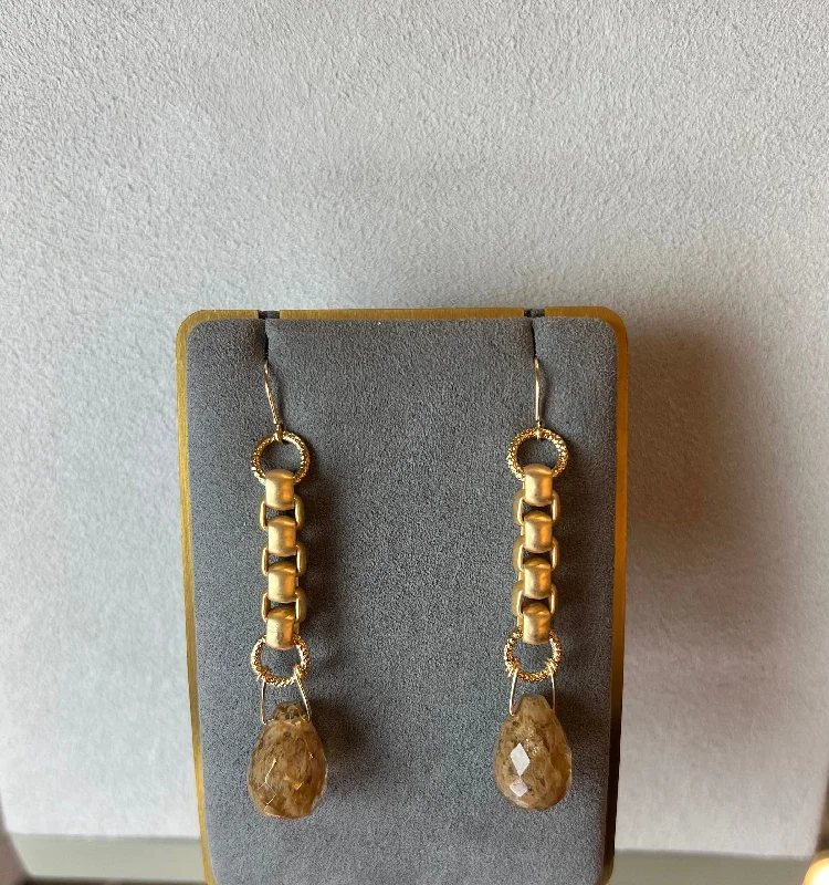 Ladies Turquoise Flash Earrings -Ladies Earrings with Crystal Spark-Earrings - Rutilated Quartz Tear w/Box Chain in Gold