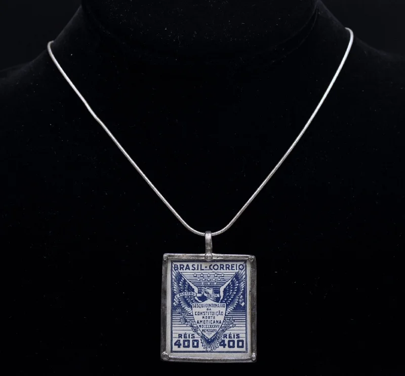 Ladies Necklaces for Girl Shine-Ladies Ultra-Minimal Necklaces -Vintage 1937 Brazilian Sesquicentennial Stamp Sterling Silver Pendant Necklace - 18"