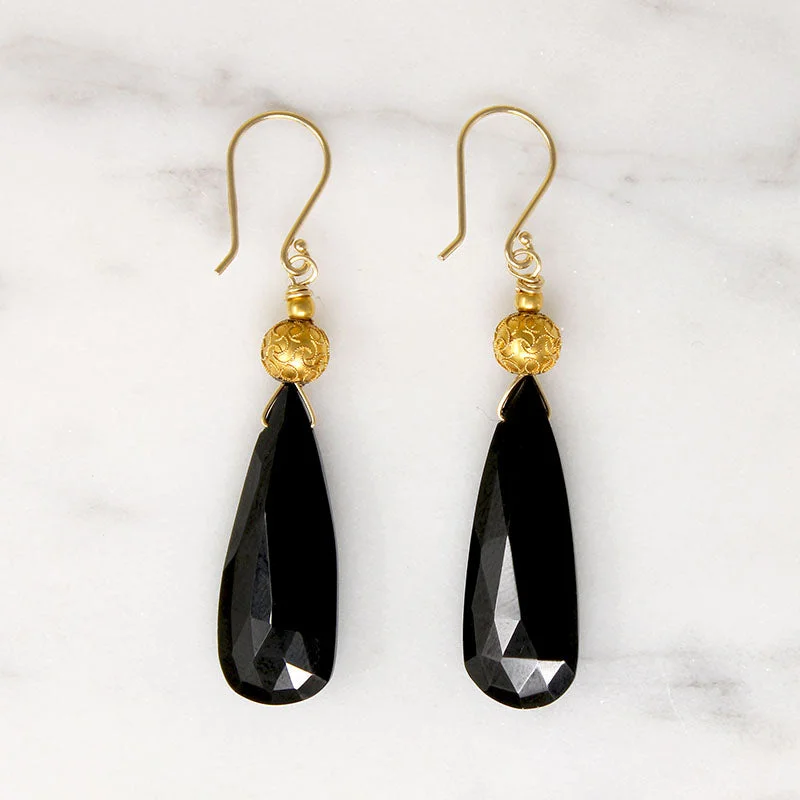 Ladies Perfectly Even Earrings -Ladies Earrings with Wing Spark-Etruscan Revival Gold Bead & Onyx Earrings by brunet