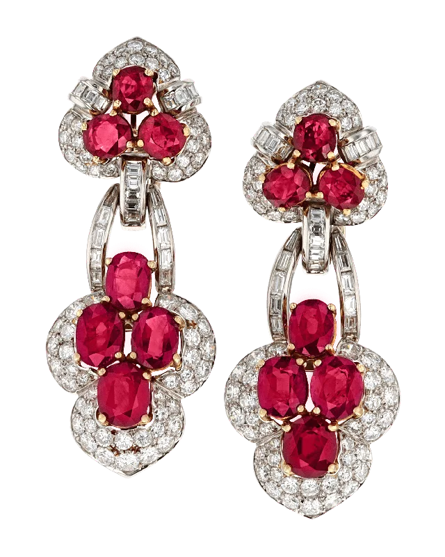 Ladies Purring Cat Earrings -Ladies Earrings for Bride Glow-Ruby Drop Earrings, 20.00 Carats