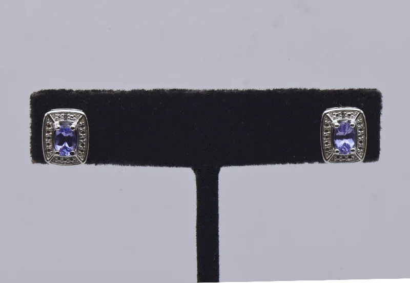 Ladies Key Link Earrings -Ladies Earrings for Dream Spark-Vintage Tanzanite and Diamond Sterling Silver Stud Earrings - NOS