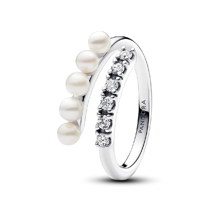 Ladies Fluttering Butterfly Rings -Ladies Rings Crafted Glow-Treated Freshwater Cultured Pearls & Pavé Open Ring