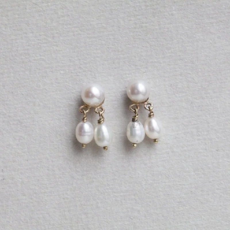 Ladies Sisterly Love Earrings -Ladies Earrings with Yellow Heliodor-Triple Pearl Stud Earrings