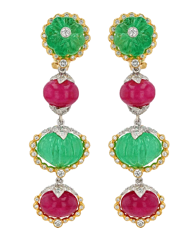 Ladies Hefty Chunky Earrings -Ladies Earrings Open Glow-David Webb Emerald, Ruby and Diamond Earrings