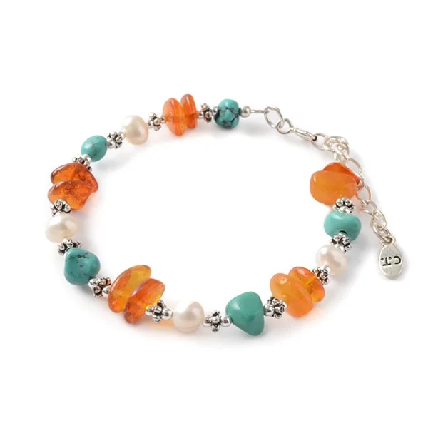 Ladies Bracelets Crafted Shine-Ladies Cross Emblem Bracelets -CHALISA T.. / Turquoise Amber Pearl Combi Bracelet