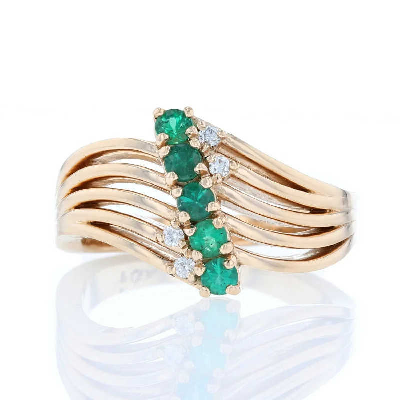 Ladies Paired Couple Rings -Ladies Rings with Heart Gem-Yellow Gold Multirow Diagonal Emerald Line Ring