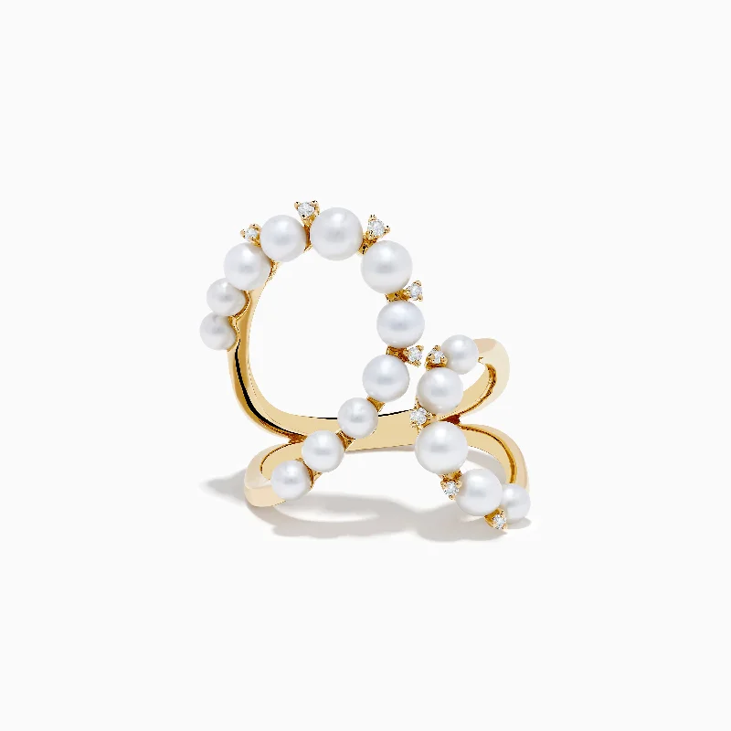 Ladies Swarovski Gleam Rings -Ladies Rings Flex Fit-14K Yellow Gold Fresh Water Pearl and Diamond Open Loop Shank Ring