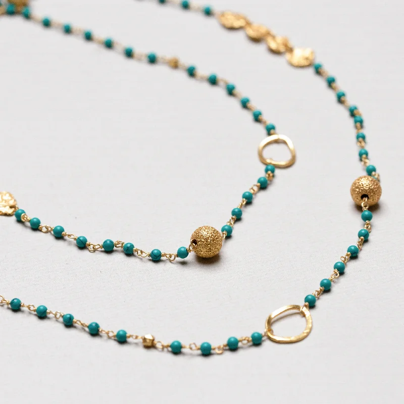 Ladies Necklaces with Clear Natrolite-Ladies Tropical Vibe Necklaces -Long Gold Chain Necklace with Green Turquoise Beads