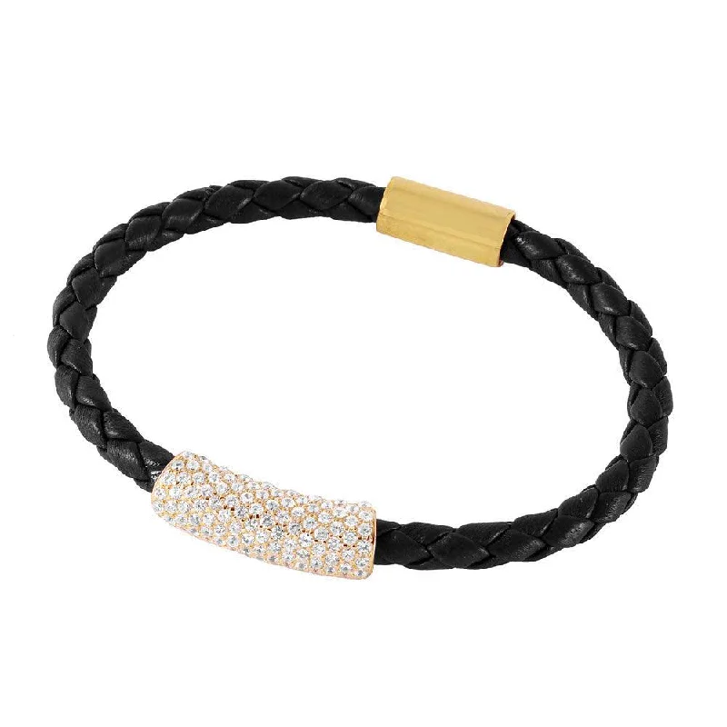 Ladies Bracelets Bright Shine-Ladies Opal Inlay Bracelets -Clearance-SIlver 925 Gold Plated CZ Bar Italian Leather Bracelet - ITB00142GP-BLK