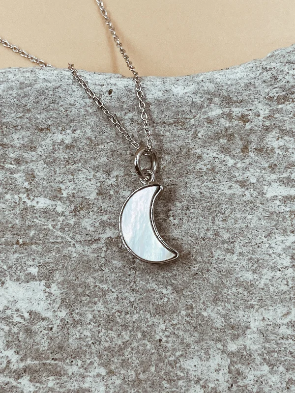 Ladies Necklaces with Crystal Spark-Ladies Turquoise Inlay Necklaces -Ala Mother-of-Pearl Crescent Charm Necklace in Silver Tone