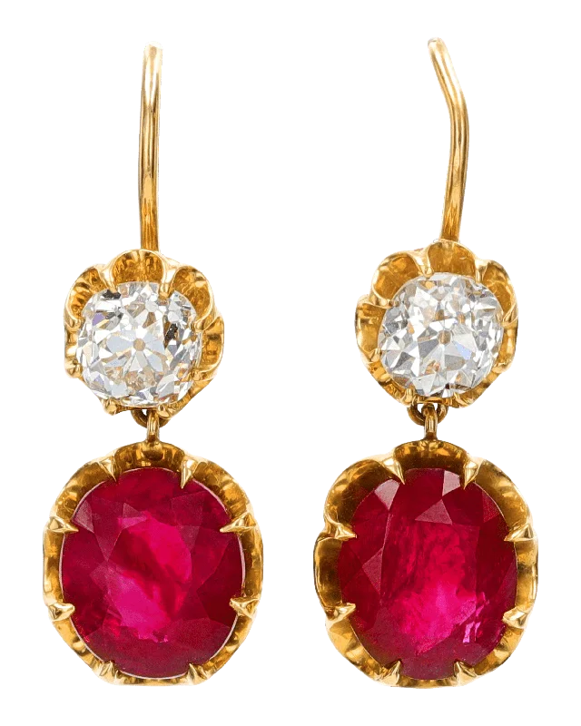 Ladies Birthstone Shine Earrings -Ladies Earrings Sharp Glow-Victorian Burmese Ruby and Diamond Earrings