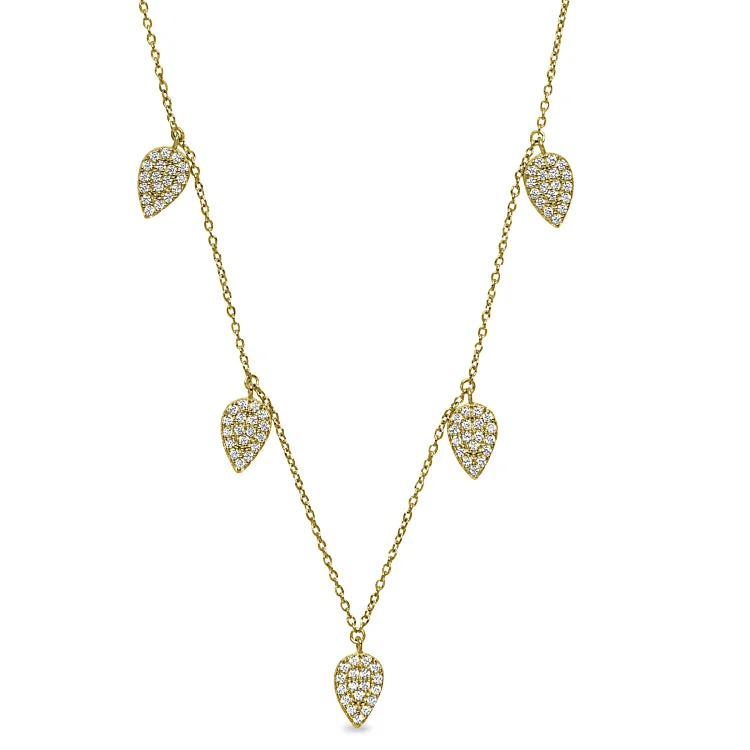 Ladies Necklaces with Leaf Spark-Ladies Cosmic Dust Necklaces -Gold Finish Sterling Silver Micropave 5 Floating Leaves Necklace with Simulated Diamonds on 16"-18" Adjustable Chain