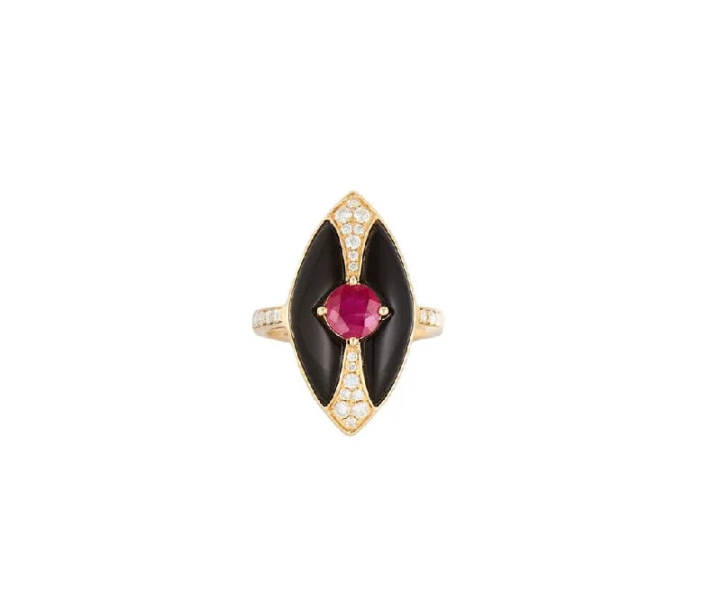 Ladies Linked Accent Rings -Ladies Rings Trendy Shine-Cirari 0.92ct Ruby 0.85ctw Diamond and Black Onyx Marquise Shaped Ring in 14K