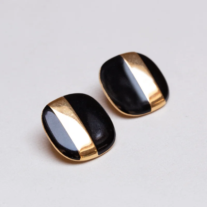 Ladies Calm Zen Earrings -Ladies Earrings with Plum Axinite-Vintage Gold and Black Enamel Clip-on Earrings