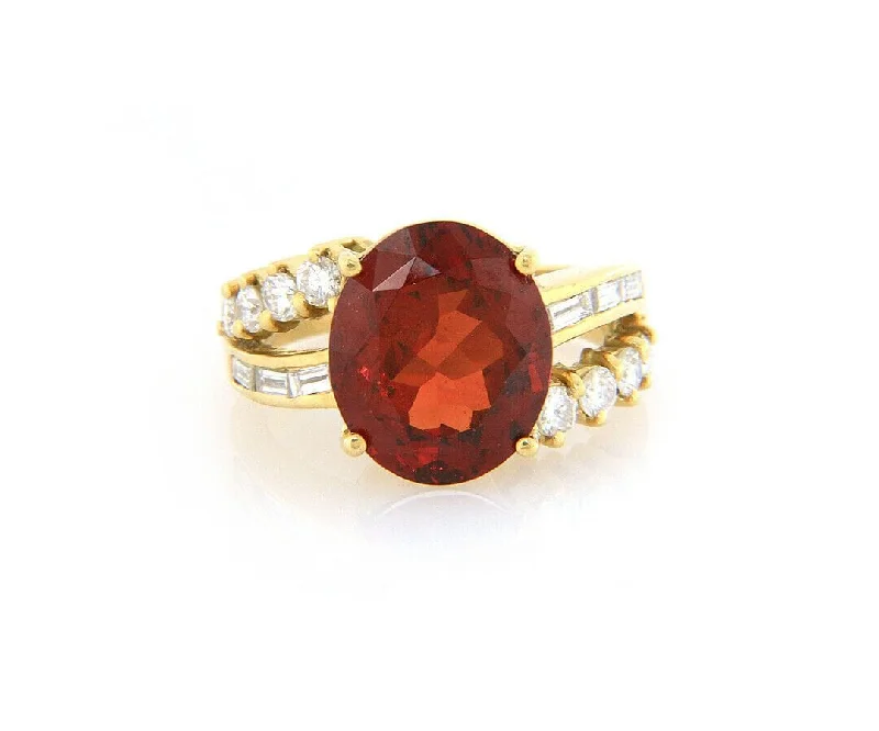 Ladies Orbital Path Rings -Ladies Rings for Music Spark-7.00ct Oval Garnet and 0.55ctw Diamond Crossover Ring in 18K