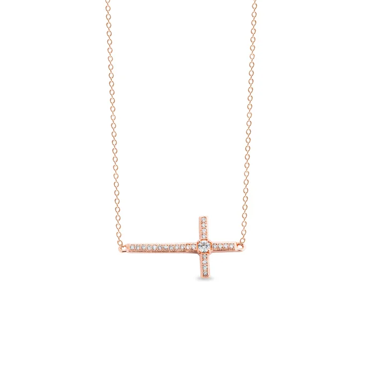 Ladies Necklaces with Square Spark-Ladies Mountain Peak Necklaces -Rose Gold Finish Sterling Silver Micropave Sideways Cross Necklace with Simulated Diamonds on 18" Cable Chain