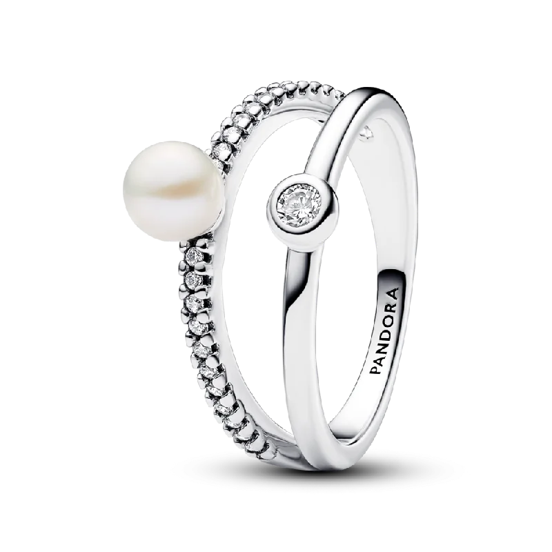 Ladies Midi Style Rings -Ladies Rings for Travel Shine-Treated Freshwater Cultured Pearl & Pavé Double Band Ring