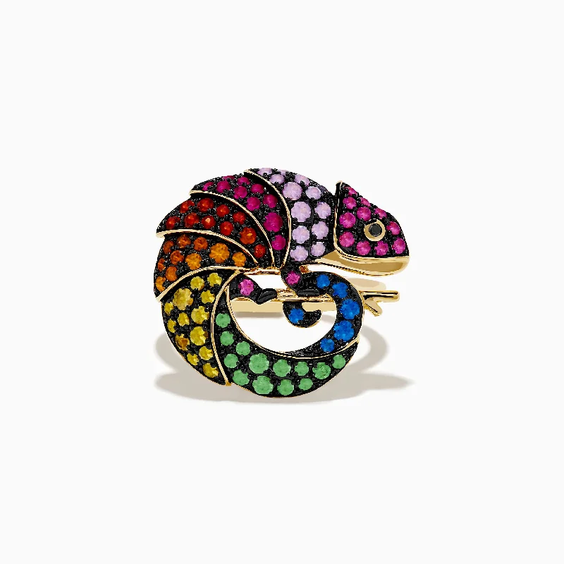 Ladies Crimson Red Rings -Ladies Rings Multi Spark-Watercolors 14K Yellow Gold Black Diamond Muliti Sapphire Chameleon Ring