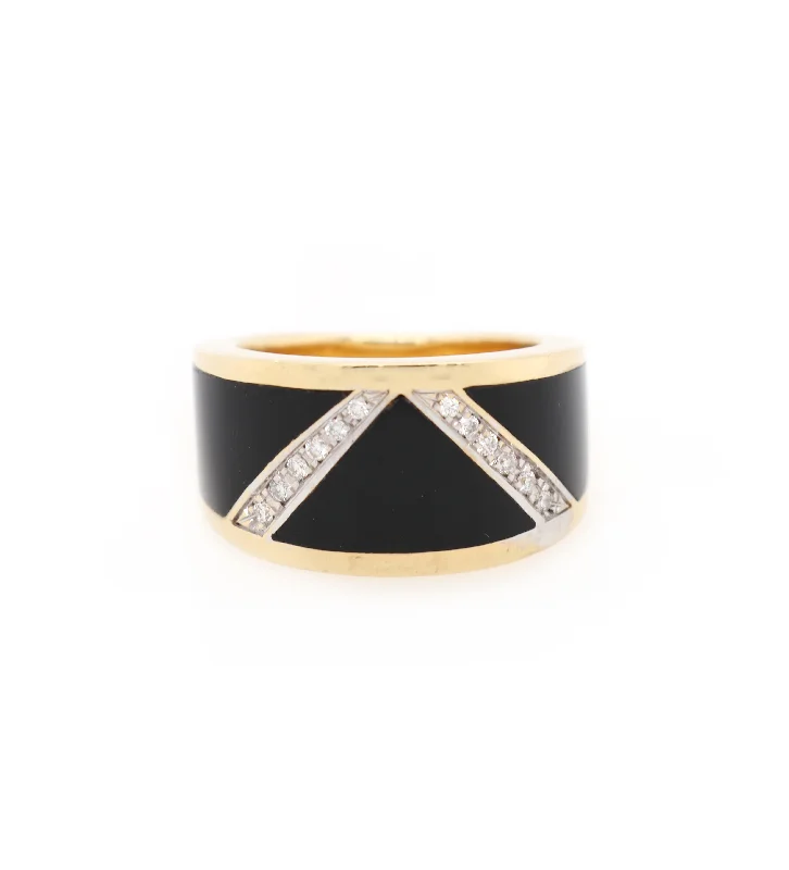 Ladies Radiant Beam Rings -Ladies Rings with Compass Glow-Black Onyx and 0.35ctw Diamond V Shaped Wide Band Ring in 18K