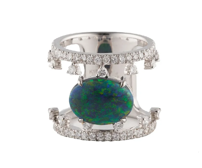 Ladies Pure Silver Rings -Ladies Rings with Star Gem-2.87ct Black Opal Cabochon and 1.14ctw Diamond Double Row Ring in 18K