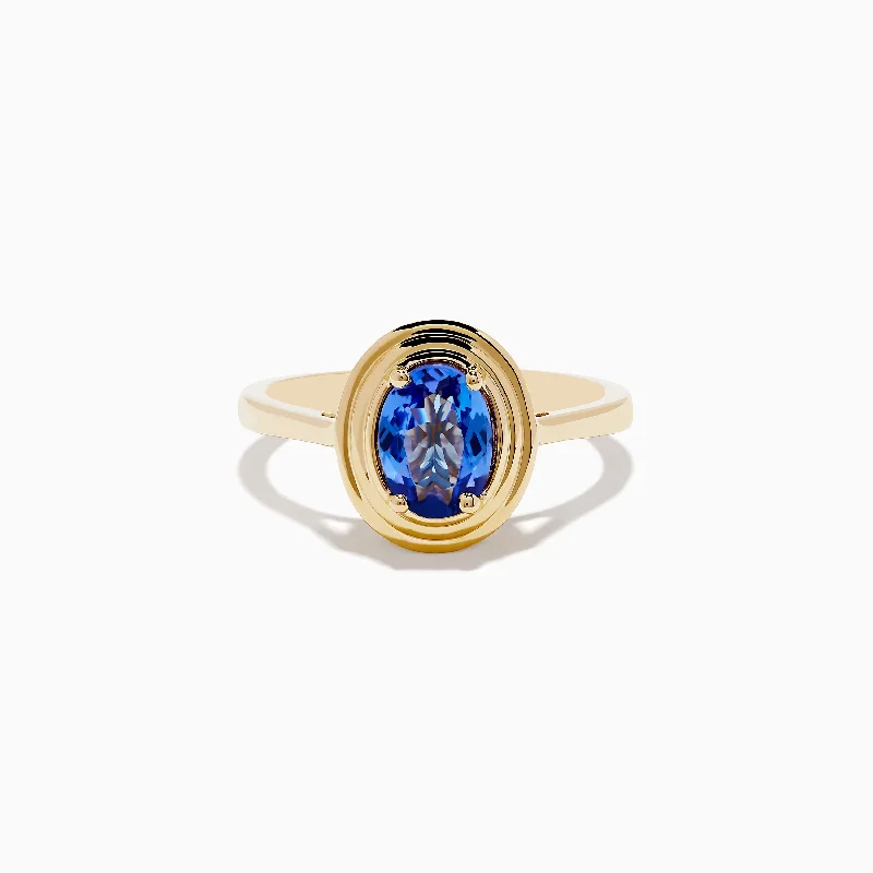 Ladies Open-Design Rings -Ladies Rings Boho Shine-14K Yellow Gold Tanzanite Faux-Triple Bezel Ring