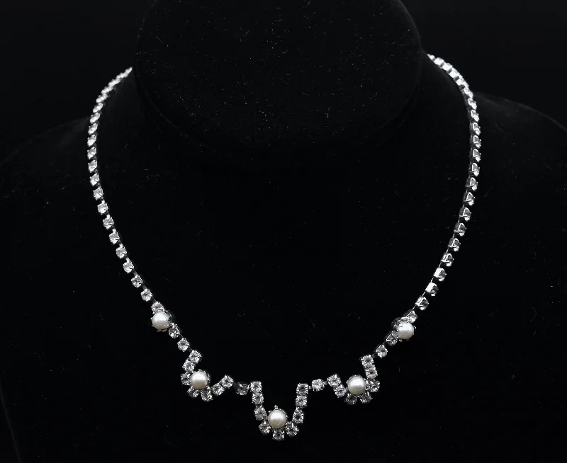 Ladies Necklaces Light Glow-Ladies Spring Bloom Necklaces -Vintage Silver Tone Rhinestone and Faux Pearl Necklace - 15.5"