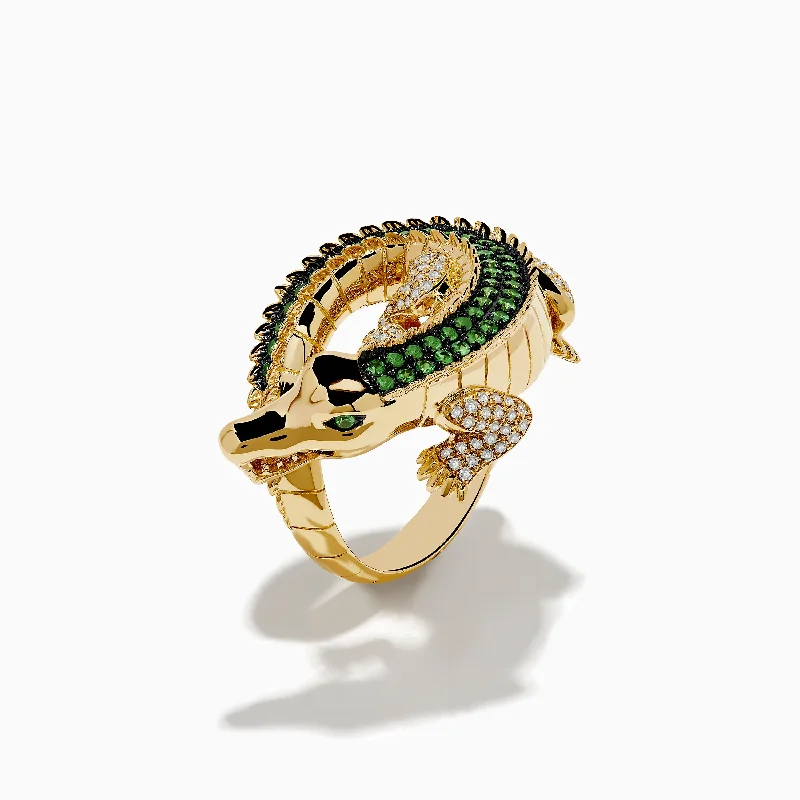 Ladies Heart Motif Rings -Ladies Rings Fine Shine-Safari 14K Yellow Gold Tsavorite and Diamond Alligator Ring