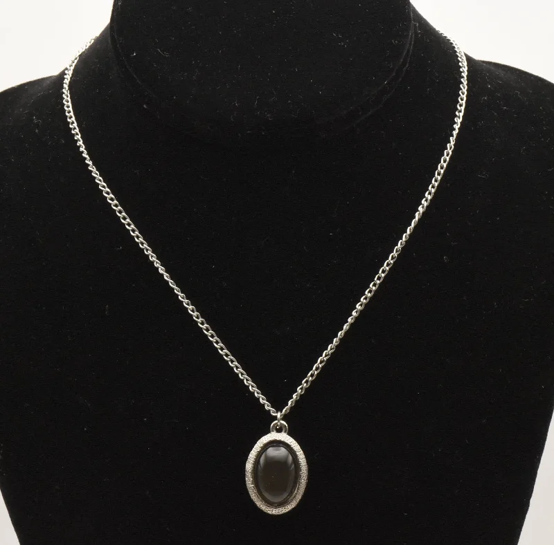 Ladies Necklaces with Yellow Herderite-Ladies Soft Tone Necklaces -Silver Tone Metal Gray Glass Cabochon Pendant on Chain Necklace - 16"