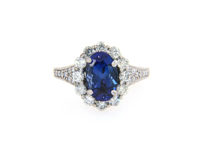 Ladies Tension Gleam Rings -Ladies Rings with Green Rosasite-2.71ct Oval Tanzanite and 1.12ctw Diamond Frame Ring in 14K