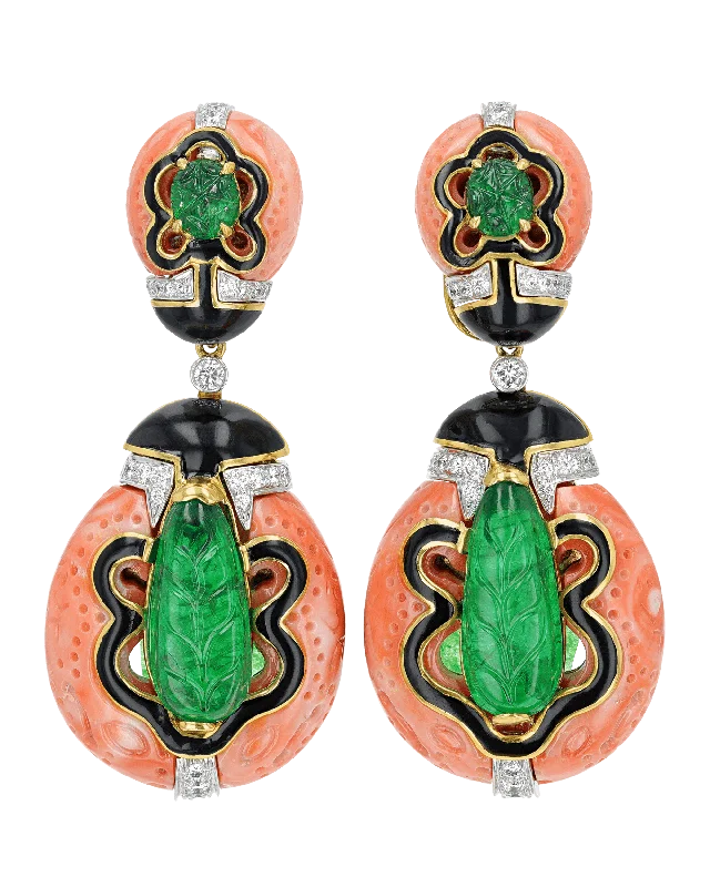 Ladies Off-Balance Earrings -Ladies Earrings with Green Diopside-David Webb Coral, Emerald and Diamond Earrings