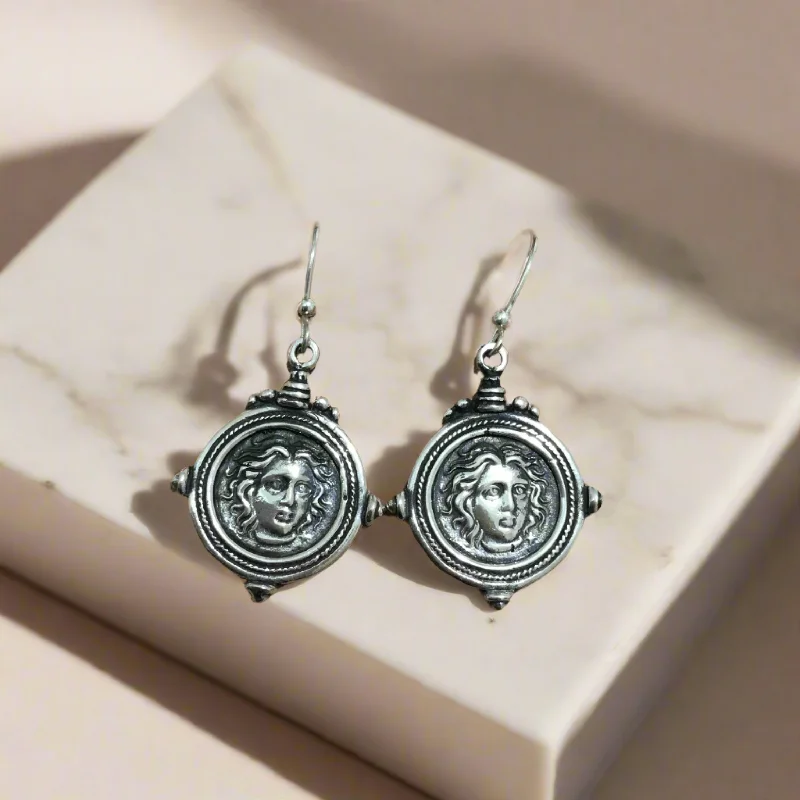 Ladies Deco Glam Earrings -Ladies Earrings for Sister Spark-Helios ancient sun god and rose earrings, Ancient Coinage of Rhodes, Sterling silver earrings, handmade earrings (AG-07)