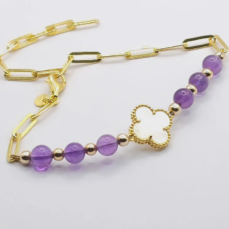 Ladies Bracelets Petite Shine-Ladies 10K Gold Link Bracelets -PEARL CLOVER & AMETHYST GOLD MINIMALIST BRACELET