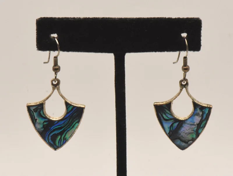 Ladies Weathered Metal Earrings -Ladies Earrings with Teal Cavansite-Vintage Alpaca Blue Abalone Shell Dangle Earrings