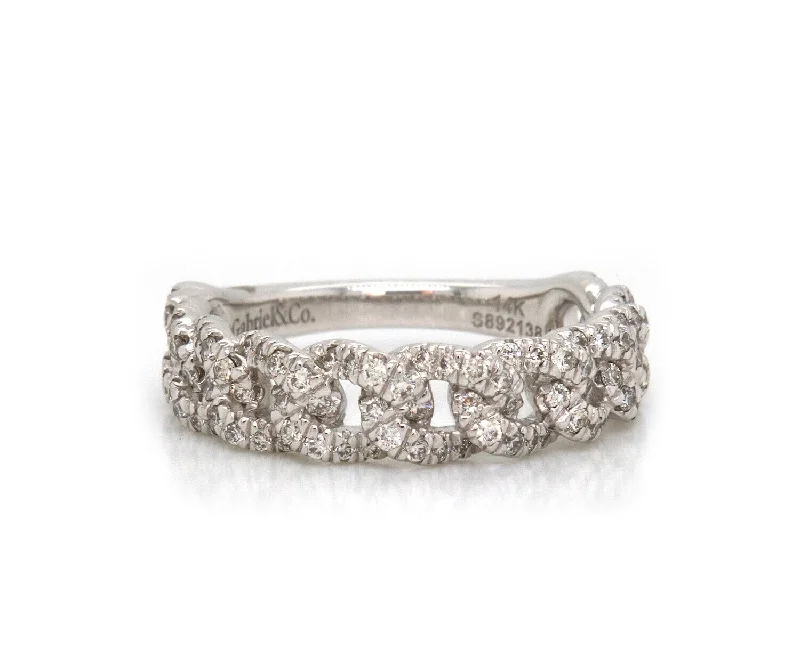 Ladies Pave Edge Rings -Ladies Rings with Celestial Glow-New Gabriel & Co. Pave Diamond Woven Link Band Ring in 14K