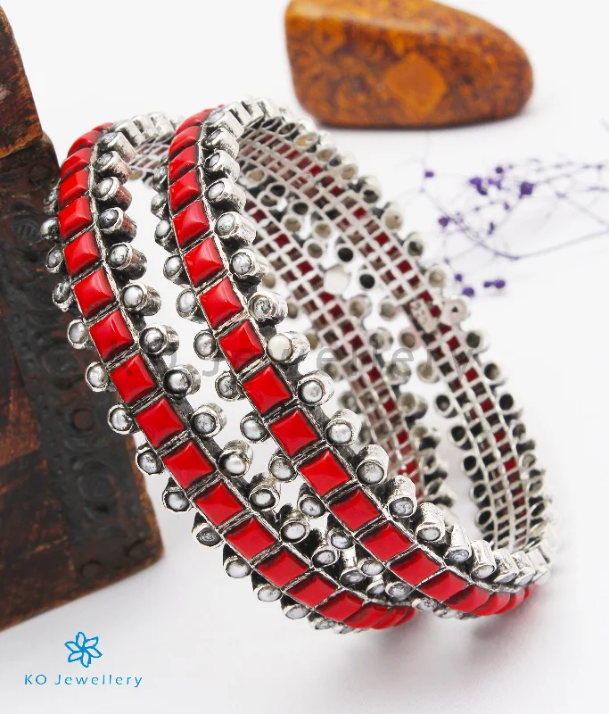 Ladies Bracelets with Green Diopside-Ladies Soft Bend Bracelets -The Rajanya Silver Bangle (Oxidised/Coral/Size 2.2/2.4/2.6/2.8)