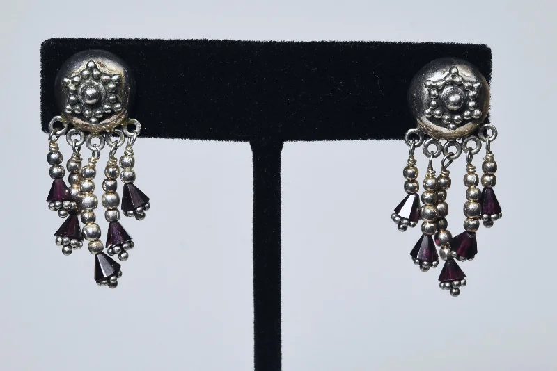 Ladies Team Unity Earrings -Ladies Earrings with Olive Idocrase-Vintage Sterling Silver Red Garnet Dangle Indian Stud Earrings