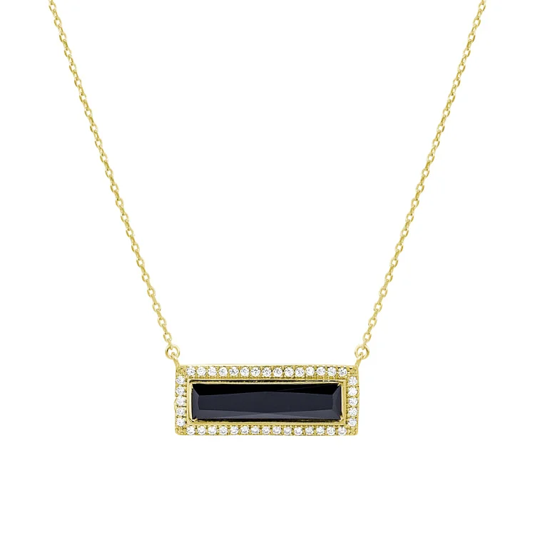 Ladies Necklaces with Crescent Glow-Ladies Sun Glow Necklaces -Gold Finish Sterling Silver Necklace with Rectangular Simulated Onyx Stone and Simulated Diamonds on 16" - 18" Chain