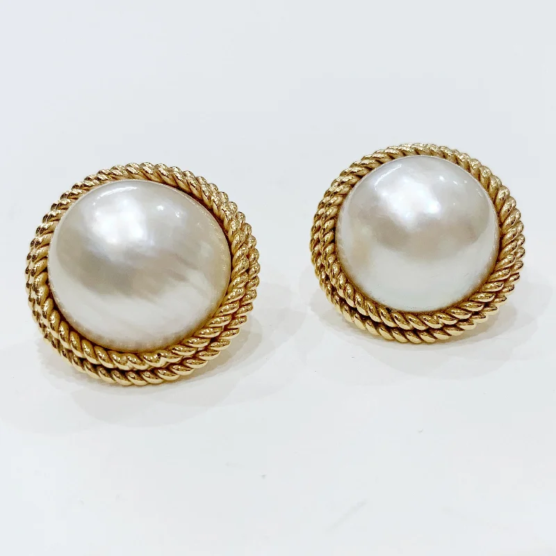 Ladies Victorian Grace Earrings -Ladies Earrings Polished Shine-Estate Collection Earrings - Large Mabe Pearl W/14K Gold Rope Design