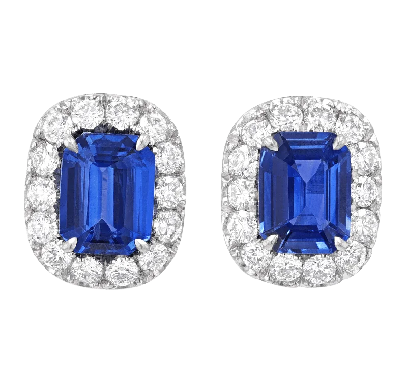 Ladies Enchanted Vine Earrings -Ladies Earrings with Blue Pectolite-Emerald Cut Sapphire Earrings, 4.66 carats