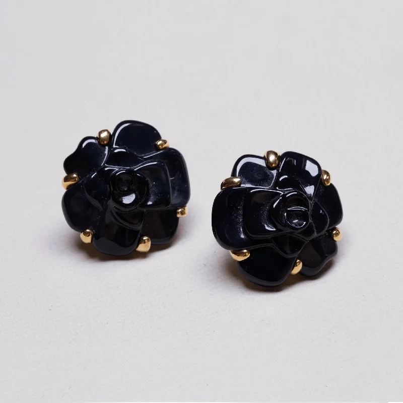 Ladies Tailored Custom Earrings -Ladies Earrings for Evening Spark-Vintage Chanel 18ct Gold and Black Onyx Camelia Clip-on Earrings