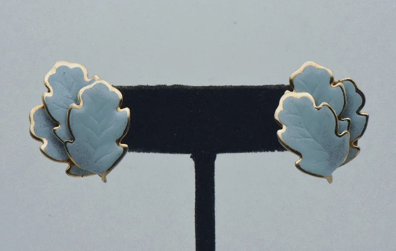 Ladies Kinship Bond Earrings -Ladies Earrings with Oval Spark-Vintage Gold Tone and Enamel Oak Leaves Clip On Earrings