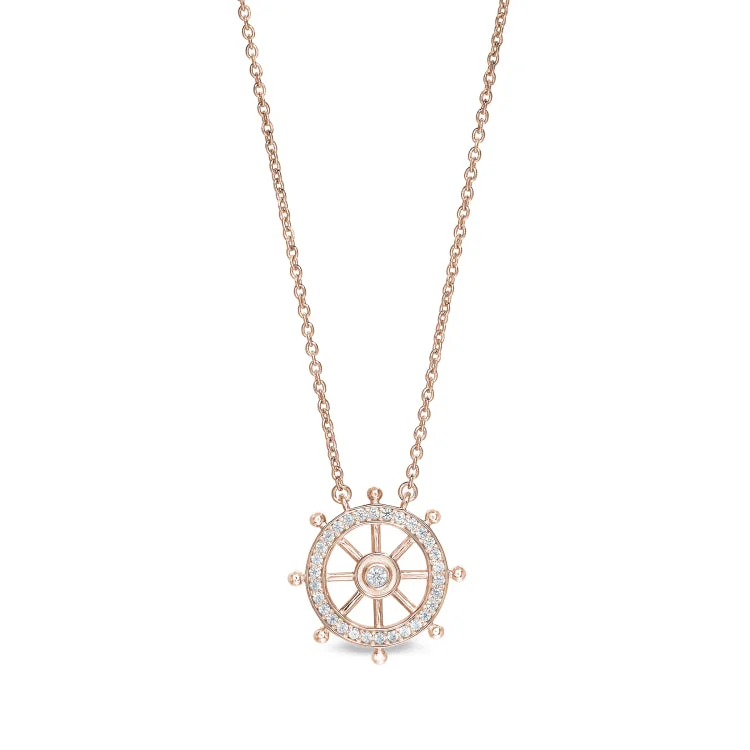 Ladies Necklaces with Red Pyroxmangite-Ladies Event Style Necklaces -Rose Gold Finish Sterling Silver Micropave Ship's Wheel Necklace with Simulated Diamonds on 16" - 18" Adjustable Chain