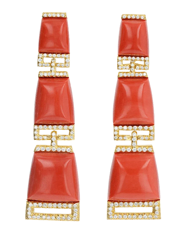 Ladies Grand Chandelier Earrings -Ladies Earrings Big Spark-Henry Dunay Coral and Diamond Dangle Earrings