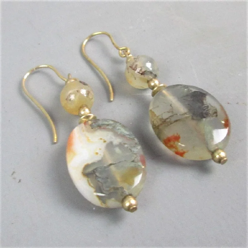 Ladies Misty Dream Earrings -Ladies Earrings with Pure Okenite-9ct Yellow Gold & Moss Agate Drop Earrings Vintage c1970